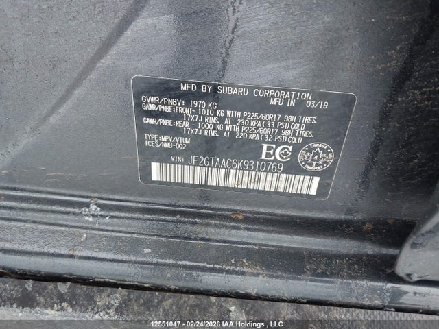 12551047 :رقم المزاد ، JF2GTAAC6K9310769 vin ، 2019 Subaru Crosstrek Convenience مزاد بيع