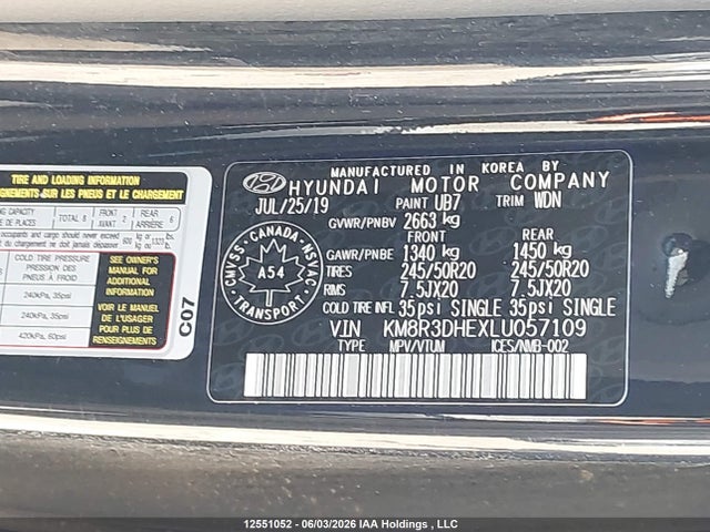 12551052 :رقم المزاد ، KM8R3DHEXLU057109 vin ، 2020 Hyundai Palisade Sel مزاد بيع