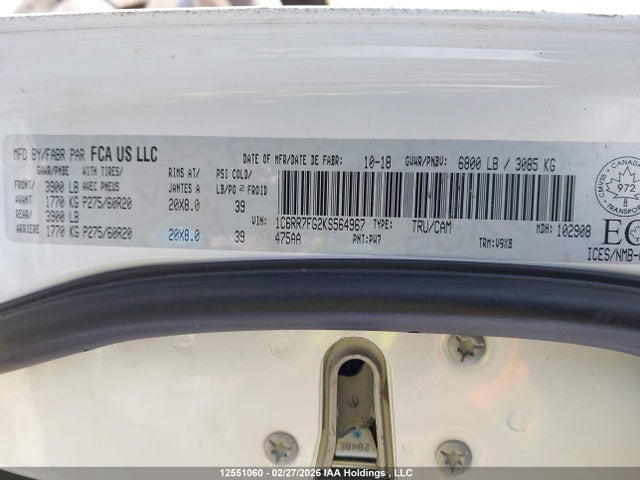 12551060 :رقم المزاد ، 1C6RR7FG2KS564967 vin ، 2019 Ram 1500 Classic Tradesman مزاد بيع