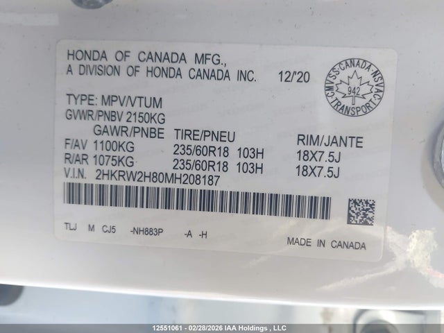 2HKRW2H80MH208187 Honda Cr-v Ex-l