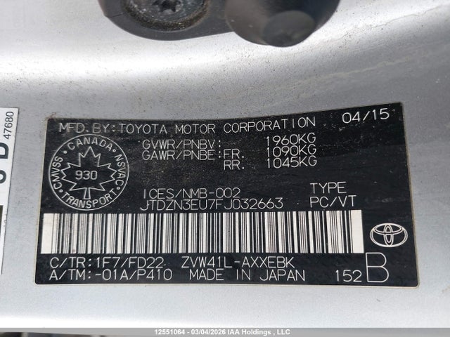 JTDZN3EU7FJ032663 Toyota PRIUS V