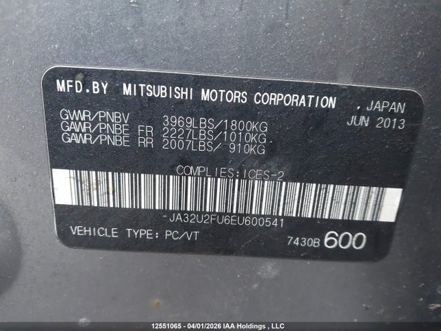 12551065 :رقم المزاد ، JA32U2FU6EU600541 vin ، 2014 Mitsubishi Lancer مزاد بيع
