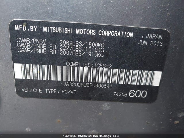 12551065 :رقم المزاد ، JA32U2FU6EU600541 vin ، 2014 Mitsubishi Lancer مزاد بيع