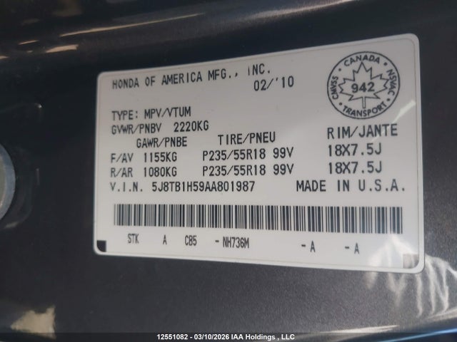2010 Acura Rdx მანქანა იყიდება აუქციონზე, vin: 5J8TB1H59AA801987, აუქციონის ნომერი: 12551082