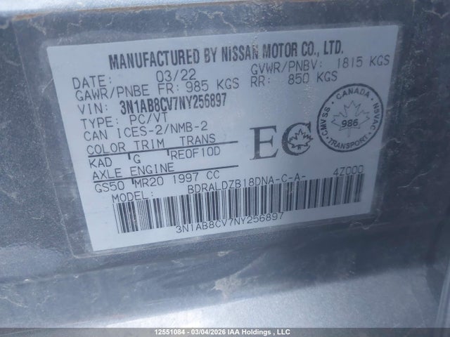 3N1AB8CV7NY256897 Nissan SENTRA SV
