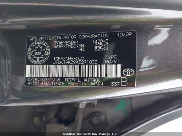 12551093 :رقم المزاد ، JTDKT9K39A5291002 vin ، 2010 Toyota Yaris Le/rs مزاد بيع