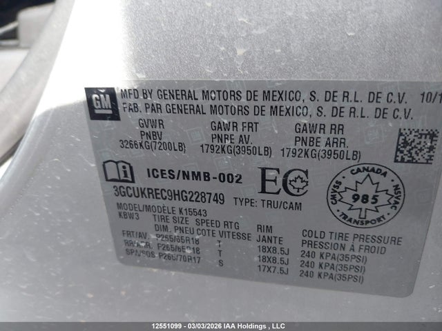 3GCUKREC9HG228749 Chevrolet Silverado 1500 2lt