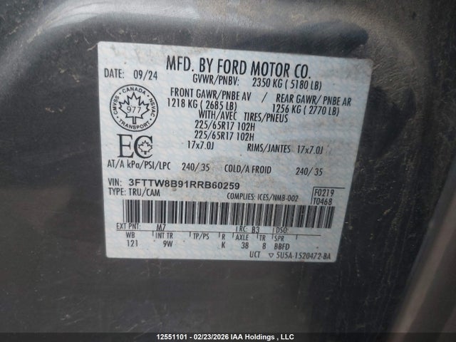 Aukcja sprzedaży 2024 Ford Maverick Xl, vin: 3FTTW8B91RRB60259, numer aukcji: 12551101