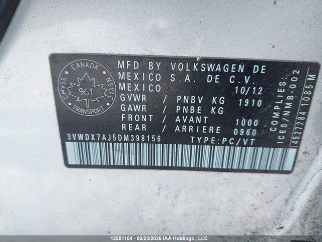 Aukcja sprzedaży 2013 Volkswagen Jetta Se, vin: 3VWDX7AJ5DM398156, numer aukcji: 12551104