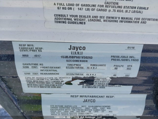 Продажа на аукционе авто 2016 Jayco , vin: 1UJBJSBP6G1V30263, номер лота: 12551114