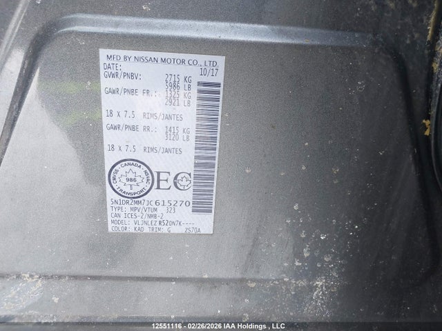 5N1DR2MM7JC615270 Nissan Pathfinder S/sv/sl/platinum