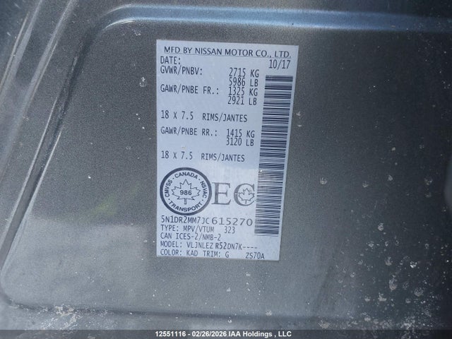 5N1DR2MM7JC615270 Nissan Pathfinder S/sv/sl/platinum