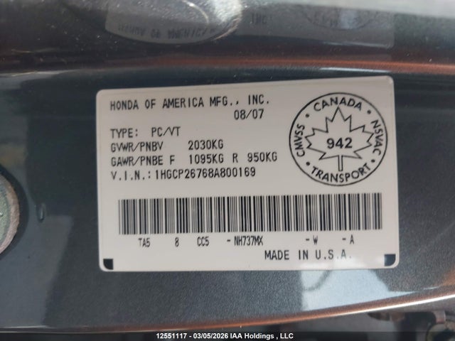 Aukcja sprzedaży 2008 Honda Accord, vin: 1HGCP26768A800169, numer aukcji: 12551117