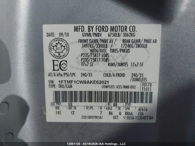 Aukcja sprzedaży 2010 Ford F-150 Xl/xlt, vin: 1FTMF1CW9AKE62021, numer aukcji: 12551120