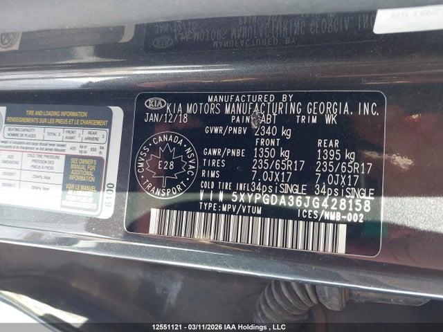 5XYPGDA36JG428158 KIA Sorento 2.4l Lx