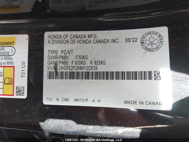 2HGFE2F26NH122639 Honda Civic Lx