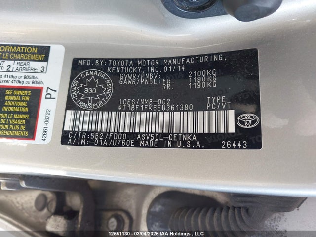 4T1BF1FK6EU361380 Toyota Camry L/se/le/xle