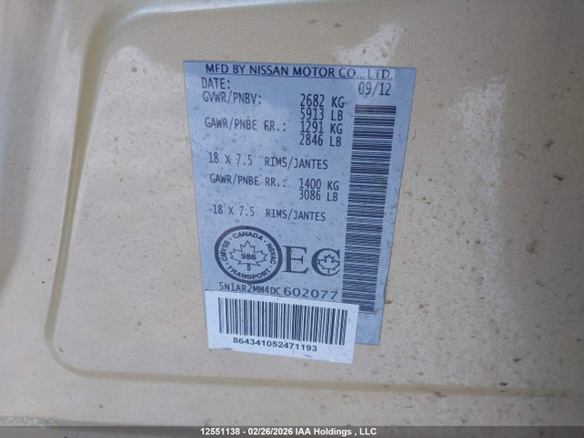 Продажа на аукционе авто 2013 Nissan Pathfinder, vin: 5N1AR2MM4DC602077, номер лота: 12551138