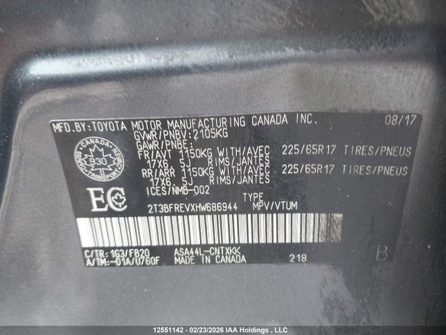 12551142 :رقم المزاد ، 2T3BFREVXHW686944 vin ، 2017 Toyota Rav4 Le مزاد بيع