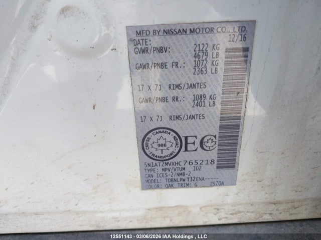 12551143 :رقم المزاد ، 5N1AT2MVXHC765218 vin ، 2017 Nissan Rogue مزاد بيع