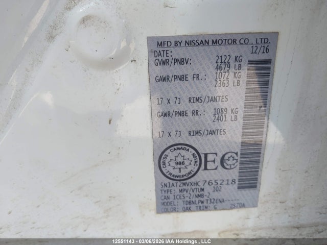 12551143 :رقم المزاد ، 5N1AT2MVXHC765218 vin ، 2017 Nissan Rogue مزاد بيع