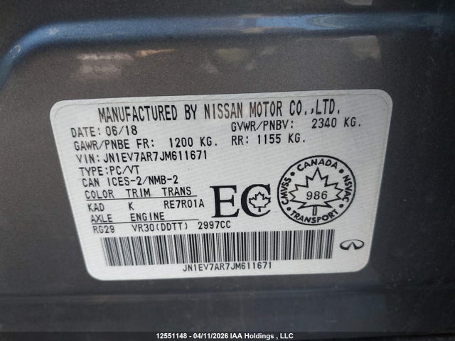 12551148 :رقم المزاد ، JN1EV7AR7JM611671 vin ، 2018 Infiniti Q50 مزاد بيع