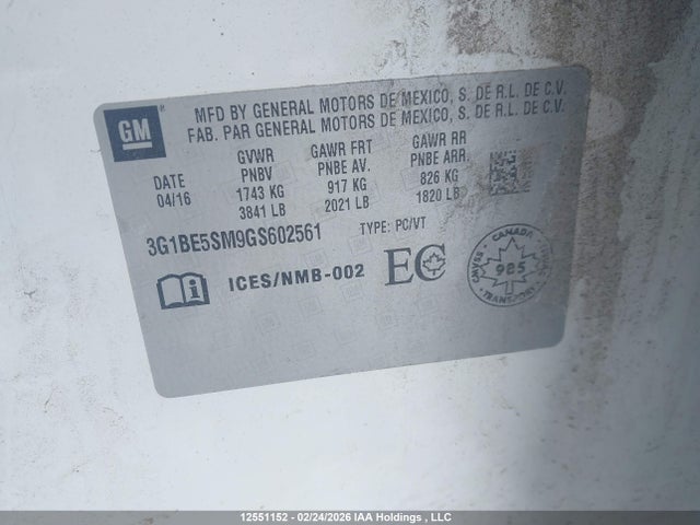 3G1BE5SM9GS602561 Chevrolet CRUZE LT