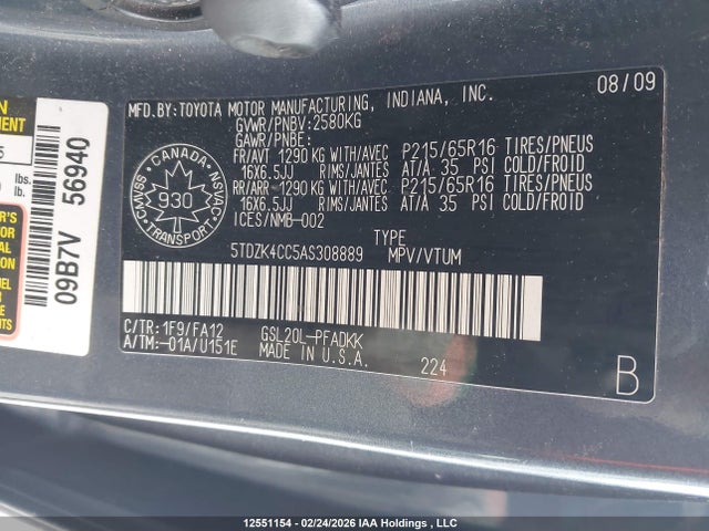 Продаж на аукціоні авто 2010 Toyota Sienna, vin: 5TDZK4CC5AS308889, номер лоту: 12551154