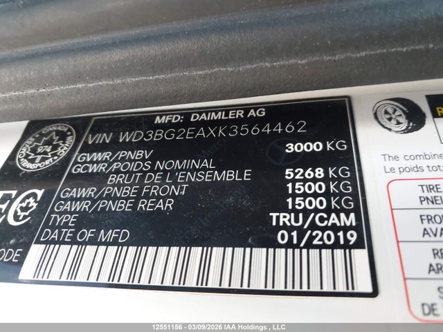 Продажа на аукционе авто 2019 Mercedes-benz Metris, vin: WD3BG2EAXK3564462, номер лота: 12551156