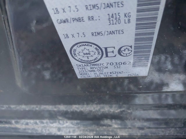 5N1AR2MMXFC703062 Nissan Pathfinder S/sv/sl/platinum