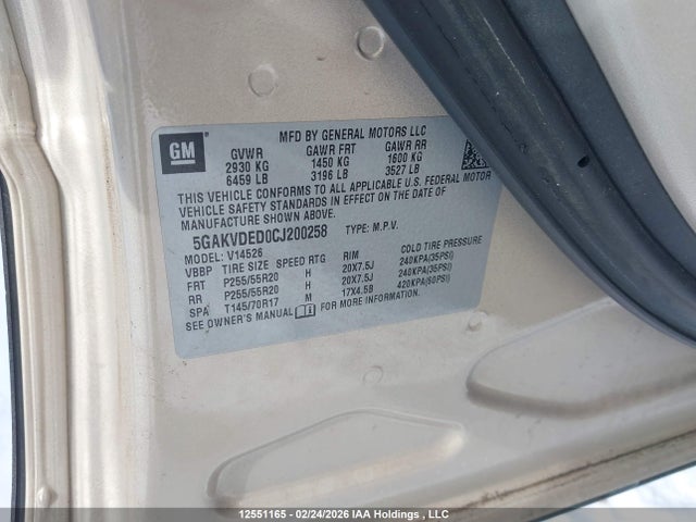 Aukcja sprzedaży 2012 Buick Enclave, vin: 5GAKVDED0CJ200258, numer aukcji: 12551165