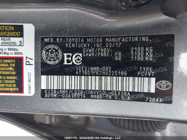 4T1BD1FK7HU225186 Toyota Camry Hybrid Se