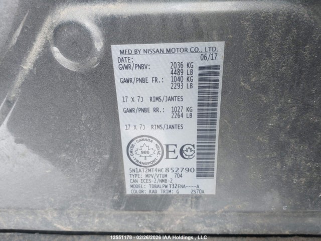 5N1AT2MT4HC852790 Nissan ROGUE S/SV