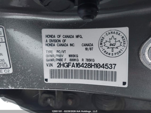 Продажа на аукционе авто 2008 Honda Civic Dx-g, vin: 2HGFA16428H104537, номер лота: 12551181