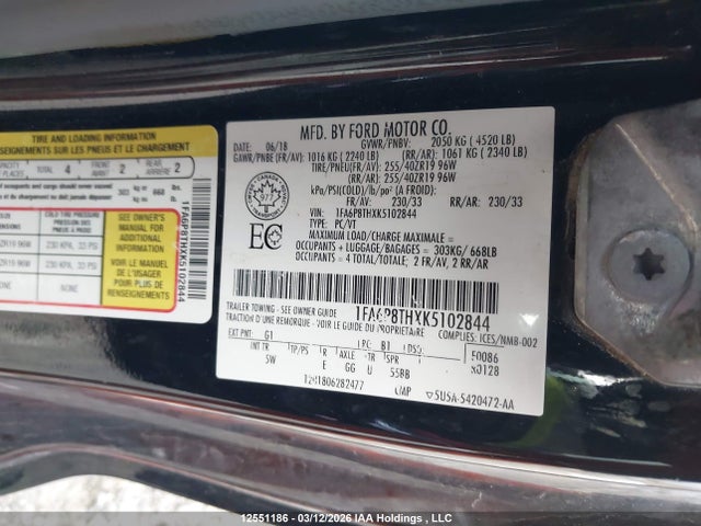 12551186 :رقم المزاد ، 1FA6P8THXK5102844 vin ، 2019 Ford Mustang Ecoboost Premium مزاد بيع