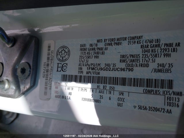 Продаж на аукціоні авто 2018 Ford Escape Se, vin: 1FMCU9GD2JUC96790, номер лоту: 12551197