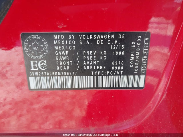 3VW267AJ6GM296377 Volkswagen Jetta 1.4 Tsi Trendline/1.4 Tsi Trendline+