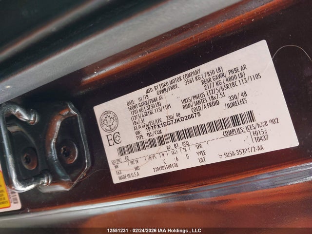 12551231 :رقم المزاد ، 1FTFX1EG7JKD26675 vin ، 2018 Ford F-150 Xlt مزاد بيع
