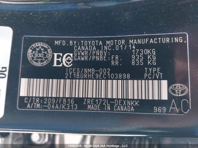 12551235 :رقم المزاد ، 2T1BURHE9EC103898 vin ، 2014 Toyota Corolla L/le/le Pls/prm/s/s Pls مزاد بيع