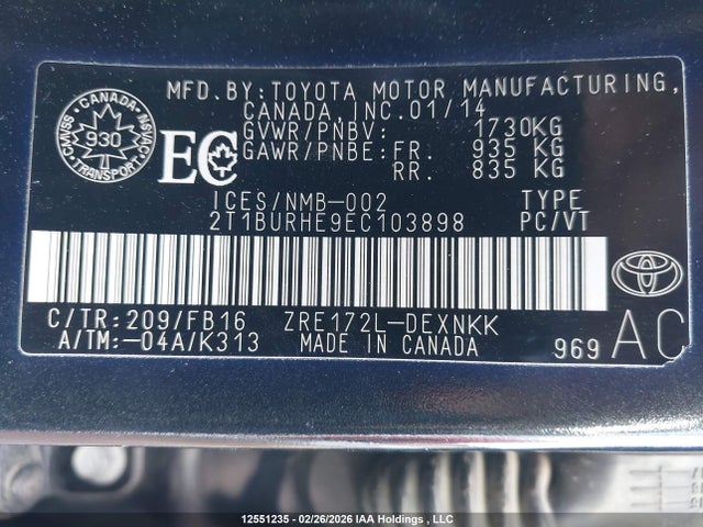 12551235 :رقم المزاد ، 2T1BURHE9EC103898 vin ، 2014 Toyota Corolla L/le/le Pls/prm/s/s Pls مزاد بيع