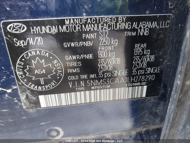 12551237 :رقم المزاد ، 5NMS3CAA1LH278290 vin ، 2020 Hyundai Santa Fe Preferred Turbo Awd With Sun And Leather Package مزاد بيع