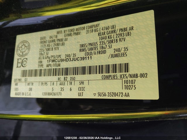 1FMCU9HD3JUC39111 Ford ESCAPE SEL