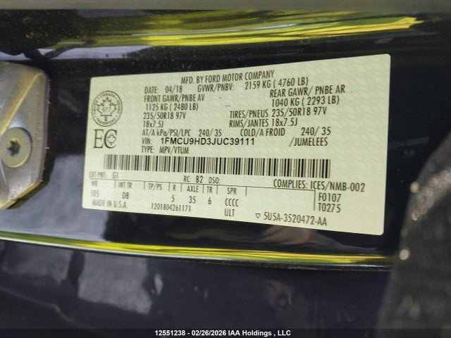 1FMCU9HD3JUC39111 Ford ESCAPE SEL