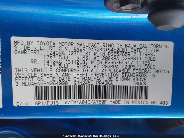 Продажа на аукционе авто 2011 Toyota Tacoma Base V6, vin: 3TMLU4EN0BM064990, номер лота: 12551239