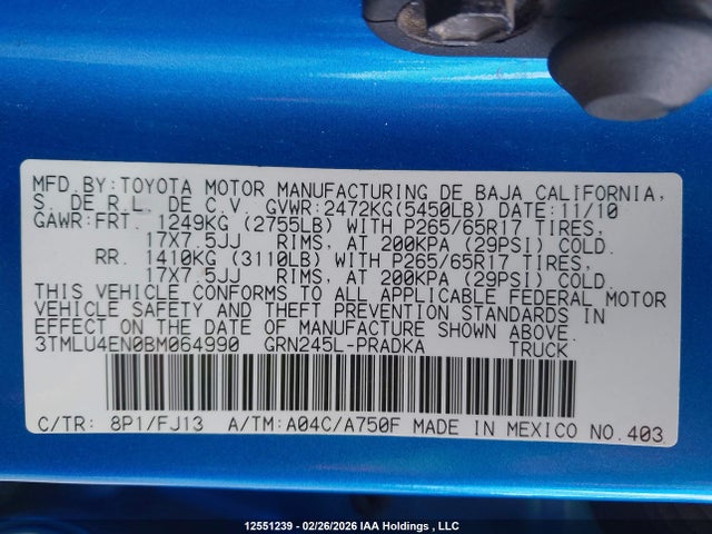 Продажа на аукционе авто 2011 Toyota Tacoma Base V6, vin: 3TMLU4EN0BM064990, номер лота: 12551239
