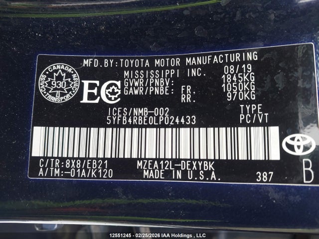 Aukcja sprzedaży 2020 Toyota Corolla Xse, vin: 5YFB4RBE0LP024433, numer aukcji: 12551245