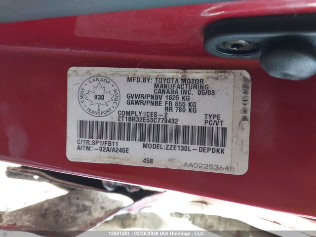Aukcja sprzedaży 2003 Toyota Corolla Ce/le/s, vin: 2T1BR32E53C779432, numer aukcji: 12551251