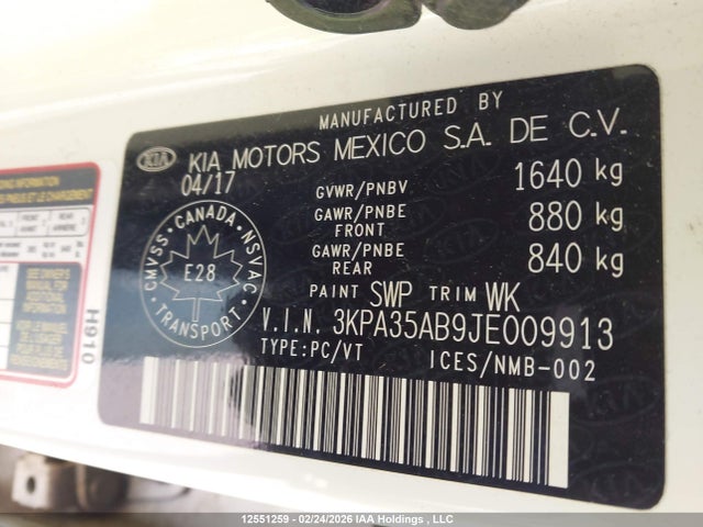 3KPA35AB9JE009913 KIA RIO EX