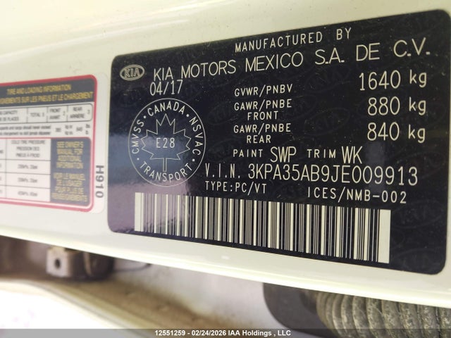 3KPA35AB9JE009913 KIA RIO EX