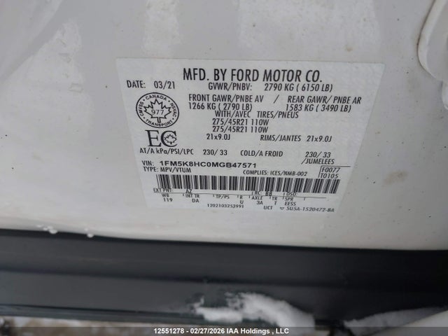 1FM5K8HC0MGB47571 Ford Explorer Platinum